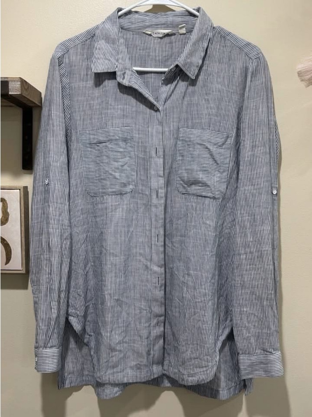 Athleta Blue and White Striped Women's Button-Down Shirt